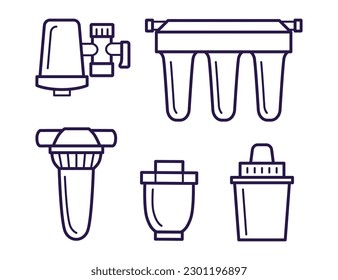 Water filter cartridges outline vector illustrations set. Collection of cartoon drawings of equipment for water purification, filtration system. Purification, hygiene, filtration concept
