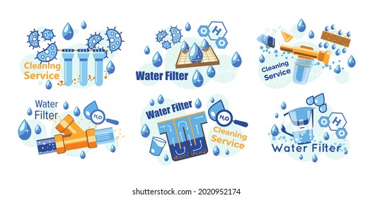 Filtro de agua para el conjunto de diseño de servicio de limpieza, ilustración vectorial. Sistema de filtración líquida, equipo de purificación de bebidas, tubos planos y frasco aislados en blanco. Colección gráfica de contenedores de agua.