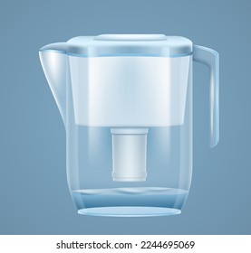 Water filter container for filtering drink. Blank plastic tool for purification and drinkable refreshment beverage. Household equipment for cleaning water. Realistic 3d vector illustration