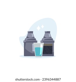 Water filter design concept, vector illustration isolated on white background. Technical device and item for water purification, object of different shapes, glass with blue liquid. Flat cartoon style