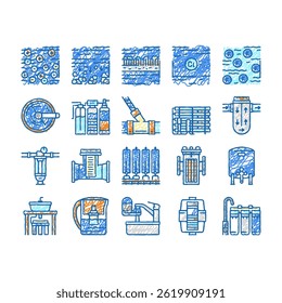 Water Filter Equipment Collection doodle icons set vector. Industrial Home Water Filter Tool, Disinfection Filtration Process sketch hand drawn