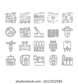 Water Filter Equipment Collection Icons Set Vector. Industrial And Home Water Filter Tool, Disinfection And Filtration Process Black Contour Illustrations