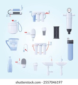 Water filter flat icon set with different type of filters for cold and hot water vector illustration