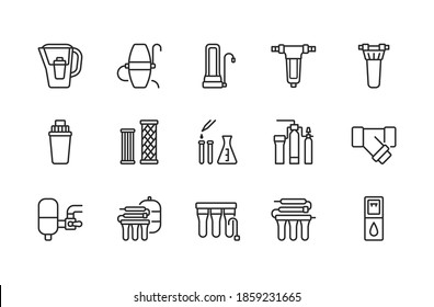 Water filter flat line icon. Vector illustration of different types of water filtration equipment included countertop, under sink, pitcher container, reverse osmosis, fine filter. Editable strokes