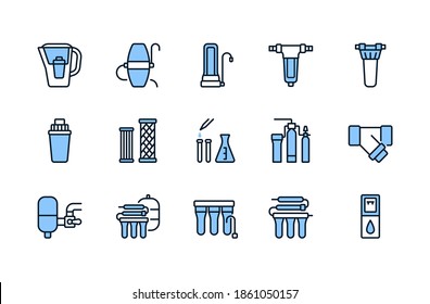 Water filter flat line icon blue color. Vector illustration of different types of water filtration equipment included undersink, pitcher container, reverse osmosis, fine filter. Editable strokes.