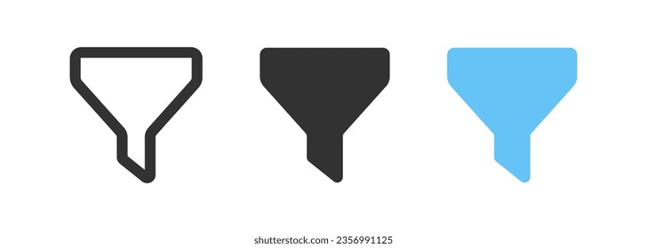 Water filter icon. Funnel signs. Filtration collection in the store symbol. Bottleneck symbols. Strainer icons. Black, blue color. Vector isolated sign.