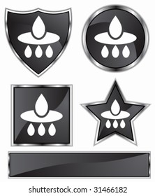 Water Filter Icon Set : Black satin and chrome buttons in star, shield, circle and square shapes.