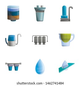 Water filter icon set. Cartoon set of 9 water filter vector icons for web design isolated on white background