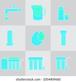 Water filter icon set. Drink and home water purification filters. Different tap  filtration systems for water treatment. Outline vector icon set. Point of use water filters.