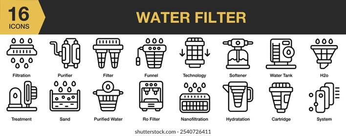 Ícone de Filtro de água definido. Inclui cartucho, filtro, filtração, funil, hidratação e muito mais. Contornar coleção de vetores de ícones.