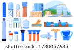 Water filter industry set isolated on white, purification system engineering, vector illustration. Drinkable water cleaning process, purifying and recycling facility. Modern industrial filters icons