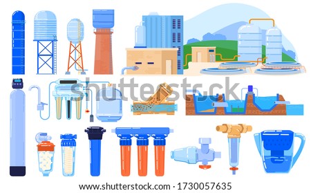 Water filter industry set isolated on white, purification system engineering, vector illustration. Drinkable water cleaning process, purifying and recycling facility. Modern industrial filters icons