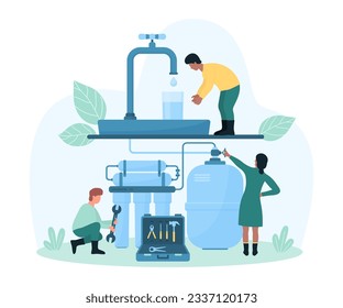 Water filter instalation at home vector illustration. Cartoon tiny people from maintenance service install water purification system under faucet in kitchen or bathroom of house, repairman with wrench
