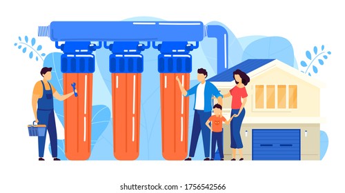 Water filter installation vector illustration. Cartoon flat tiny repairman worker character installing reverse osmosis filtration system purifier for water treatment. Repair service isolated on white
