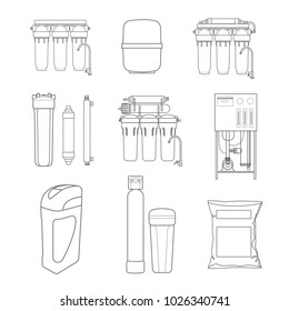 Water filter isolated vector icons. Linear style. Water purification equipment, cartridge, filters