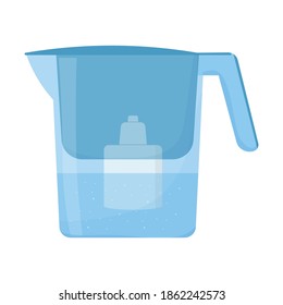 Frasco con filtro de agua, equipo de cocina para agua limpia de color azul aislado sobre fondo blanco. Tecnología para el cuidado de la salud en plano, dibujo detallado.