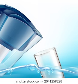 Water Filter Jug Creative Promotion Banner Vector. Water Filter Jug, Glass And Purified Drink On Advertise Poster. Equipment For Cleaning And Prepare Natural Liquid Style Concept Template Illustration