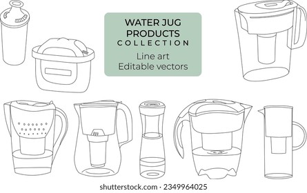 Water filter jug illustration line drawing Brita jug and water filter editable vector collection