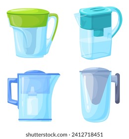 Water filter jug. Pitcher filters with active bio carbon, healthcare glass decanter for pouring filtered clean liquid in home kitchen, aqua purification neat vector illustration of pitcher equipment