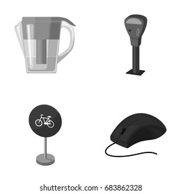Water filter, parking machine and other monochrome icon in cartoon style. road sign, computer mouse icons in set collection.