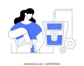 Ilustración vectorial del concepto abstracto del filtro de agua. Mujer con jarra de filtro de agua, industria del medio ambiente de la ecología, sistema de purificación de líquidos, metáfora abstracta de la atención de la salud.