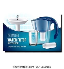 Vector de afiches de promoción creativa para lanzador de filtro de agua. Contenedor De Filtro De Agua En Blanco, Vidrio Con Cartel De Publicidad En Líquido Natural. Ilustración de la plantilla de la plantilla de concepto del diseño del tubo del baño de cerámica