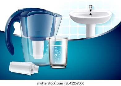 Water Filter Pitcher Creative Promo Poster Vector. Blank Water Filter Container, Glass With Natural Liquid Advertising Banner. Ceramic Bathroom Sink Style Concept Template Illustration