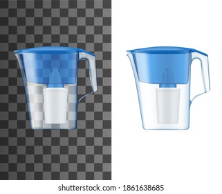 Wasserfilter Pitcher oder Krug realistisch vermocht. Heimwasseraufbereitungs- und Reinigungs-Plastikkissenfilter mit Aktivkohlepatrone und 3D-Vektor-Vektor-Vorlage mit blauem Deckel oder Modell-Up-Modell