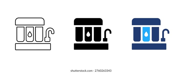 Water filter purifier system icon. Filtration and clean drinking water symbol. Reverse osmosis and purification sign. Household treatment and liquid supply concept representing healthy water.