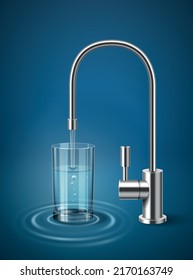 Water filter realistic with faucet and full glass vector illustration