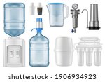 Water filter realistic vector mockups. 3d filtration jug and purification system of reverse osmosis with storage tank, filter tap and cartridges, cooler, bottle with pump, filtration equipment design