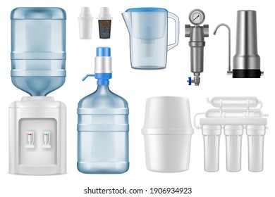 Water filter realistic vector mockups. 3d filtration jug and purification system of reverse osmosis with storage tank, filter tap and cartridges, cooler, bottle with pump, filtration equipment design