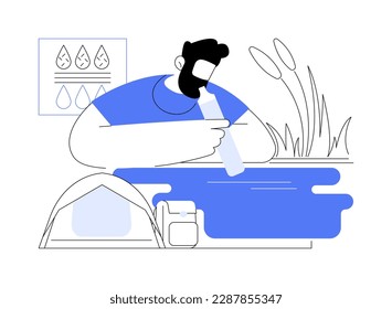 Water filter straw abstract concept vector illustration. Tourist man drinks water using filter straw, purification and sanitation, modern technology, environmental problem abstract metaphor.
