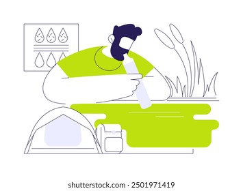 Water filter straw abstract concept vector illustration. Tourist man drinks water using filter straw, purification and sanitation, modern technology, environmental problem abstract metaphor.