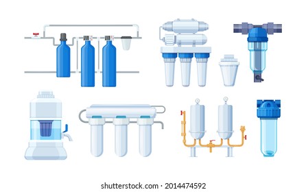 Water filter system set. Modern machine aqua purity treatment container attachment to plumbing pipe. Different filtration equipment replaceable cartridge for mineral watering cleaning cartoon vector