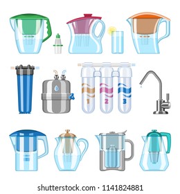 Water filter vector filtering clean drink and filtered or purified liquid illustration set of mineral filtration or purification to clear aqua isolated on white background