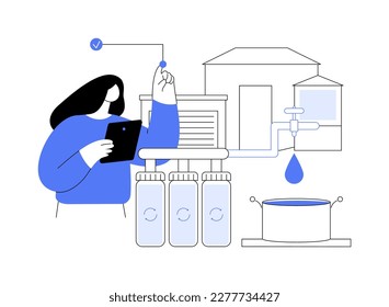 Ilustración de vectores de concepto abstracto del sistema de filtrado de agua. Solución innovadora de filtración de agua, sistema de tratamiento domiciliario, servicio de suministro de agua potable, metáfora abstracta de filtración de toda la casa.