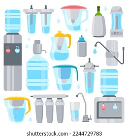 Water filters flat icons set. Special system for cleaning water. Household service. Cooler for hot and cold water. Fresh beverage in kettle and bottle. Color isolated illustrations