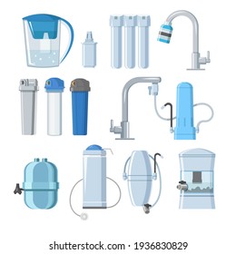 Water filters and mineral filtration systems set. Home pitcher jug container, undersink, countertop tap, reverse osmosis filters. Flat vector illustration. Water purification equipment concept