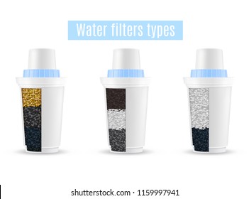 Water Filters Realistic Set Of 3 Purification Units Types Cutaway Models With Activated Carbon Granules Vector Illustration 