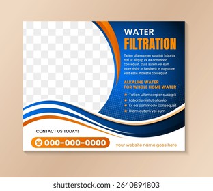 water filtration concept horizontal webpage banner template design on abstract background with flat modern isolated vector icon and geometric shapes with space for photo. 