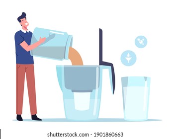 Water Filtration Concept. Tiny Male Character Pouring Dirty Brown Water in Huge Aqua Filter Jug for Cleaning Liquid for Drinking, Pure Water in Glass Stand nearby. Cartoon Vector Illustration