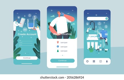 Water Filtration Equipment Mobile App Page Onboard Screen Template. Tiny Scientist Characters Use Huge Aqua Filter Jug for Cleaning and Purification Water Concept. Cartoon People Vector Illustration
