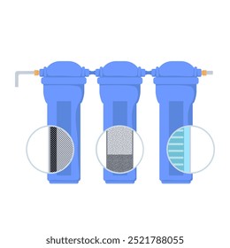 Filtrar de filtración de agua en diseño plano. Sistema de purificación con rellenos. Ilustración vectorial aislada.