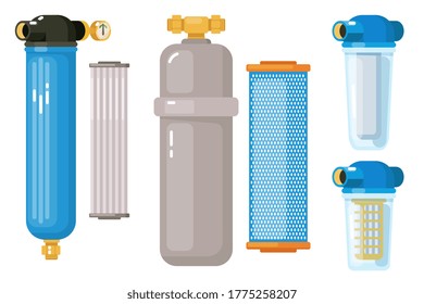 Water Filtration. Home Cooler And System Supply For Treatment Water Sludge Tank Facilities Effluent. Filtration System Icon Vector Illustration. Set Isolated On White Background.