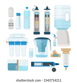 Water filtration. Home cooler and systems for treatments water sludge tanks facilities effluent vector collection pictures. Filtration system cooler water, process purification illustration