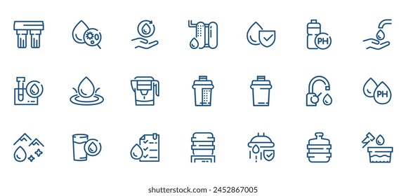 Water Filtration Icon Set: Filters, Pitchers, Cartridges, and Systems. Vector Icons for Quality, Safety, and Hygiene in Water Purification.