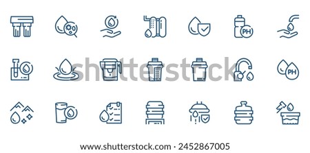 Water Filtration Icon Set: Filters, Pitchers, Cartridges, and Systems. Vector Icons for Quality, Safety, and Hygiene in Water Purification.