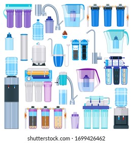 Water filtration icons set. Realistic water filters, containers, water coolers and devices. Vector illustration