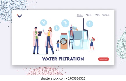 Water Filtration Landing Page Template. Tiny Characters Pouring Dirty Water in Huge Aqua Filter Jug for Cleaning Liquid for Drinking, Scientist Look in Test Tube. Cartoon People Vector Illustration
